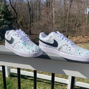 Self Designed Nike shoes, with splatter paint colors Teal, Black, and Silver.